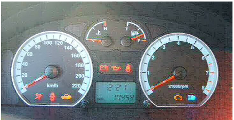 Dashboard showing gauges and warning indicator lights