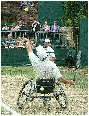 A wheelchair with an inward camber as seen on many athletic wheelchairs.