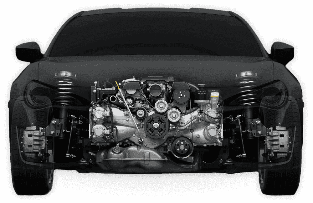 Car with exposed engine and suspension